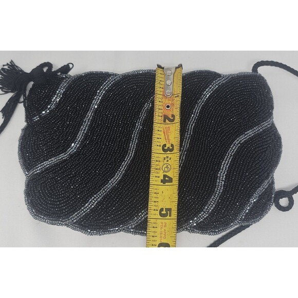 Vintage Hand Beaded Silver Black Linear Design Shoulder Crossbody Evening Bag - Picture 11 of 14